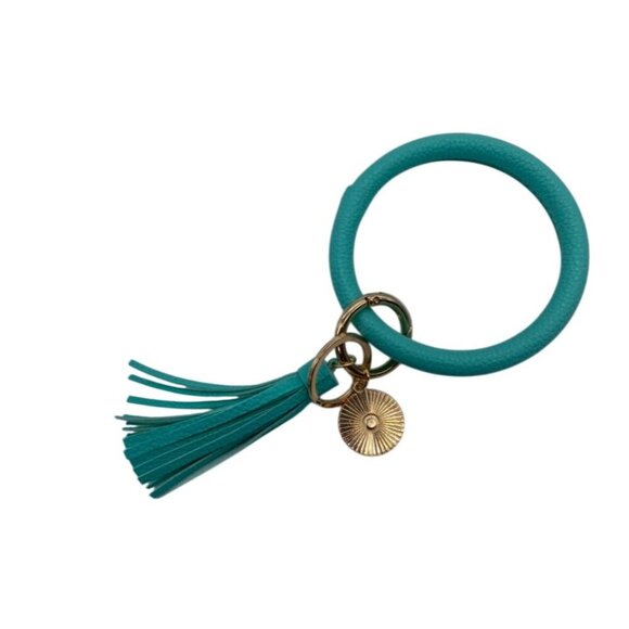 Mint Green Leather Tassel Bangle Keychain With Sunburst Charm & Rings Wristlet - Picture 2 of 4